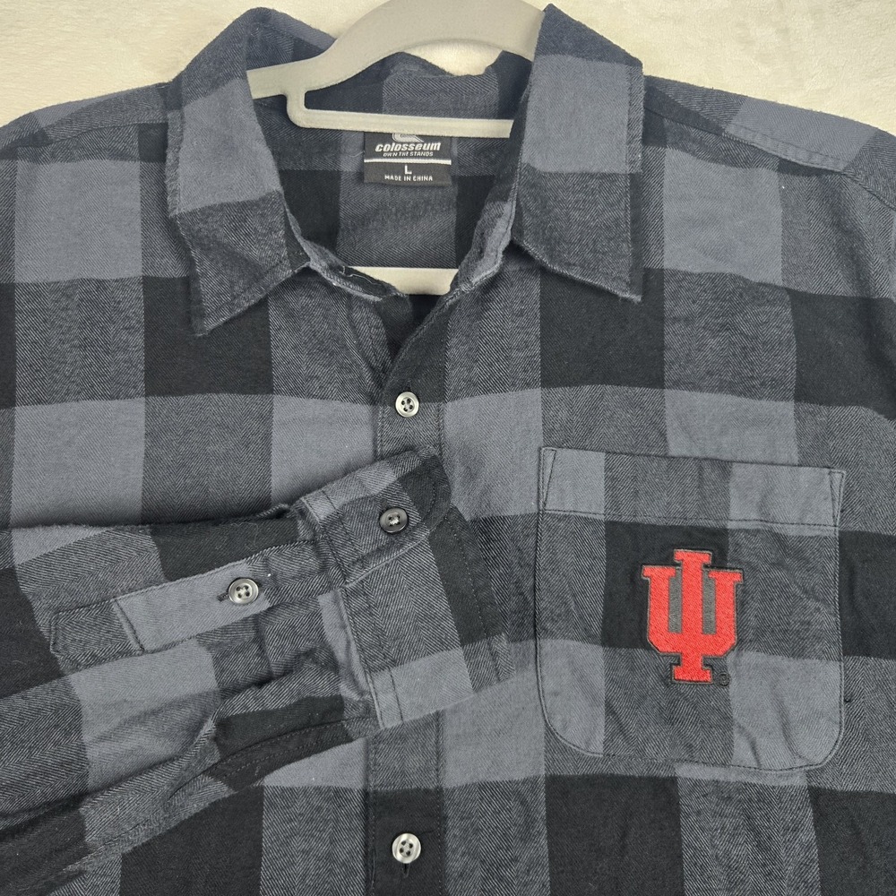 Indiana University Colosseum Shirt Mens Large Black Gray Buffalo Plaid Button Up